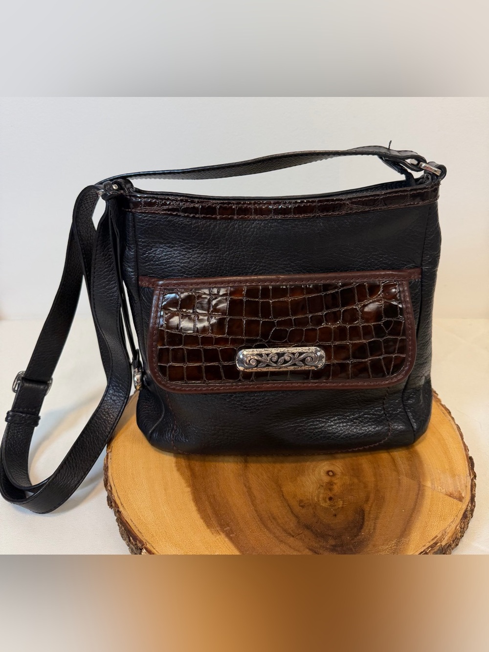 Brighton Eve’s Delight Croc Embossed Black & Brown Crossbody Bag Retired